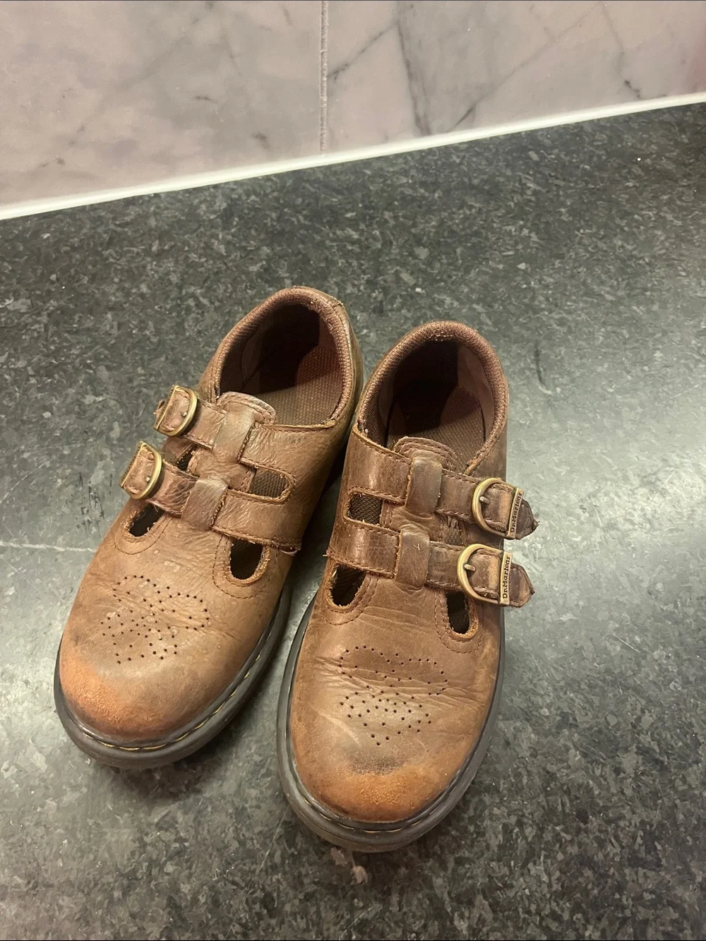 Kids Vintage Brown Leather Double-Buckle DR MARTENS School Shoes